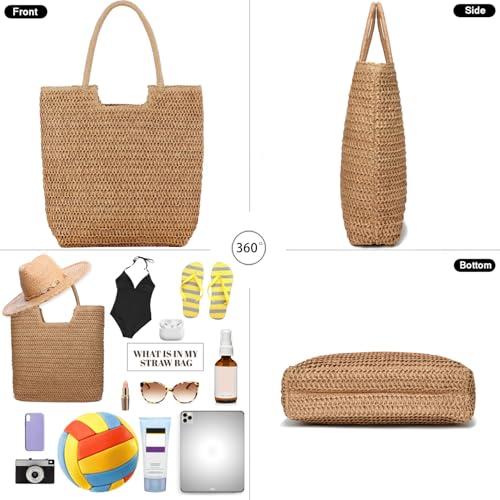 Straw Beach Bags for Women Summer Tote Bag Boho Shoulder Purse (C Khaki)