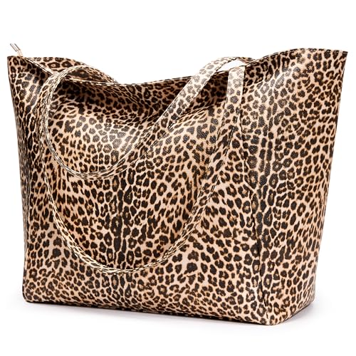 Large Tote Bag Vegan Leather 16L Casual Zipper Work Weekender (Leopard B)