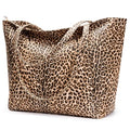 Large Tote Bag Vegan Leather 16L Casual Zipper Work Weekender (Leopard B)