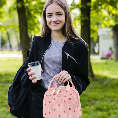Lunch Bag for Women Men Cute Corduroy Lunch Tote Bags Reusable Insulated Lunch Box Large Capacity Reusable Insulated Cooler for Work Picnic or Travel (Corduroy strawberry pink / 10L)