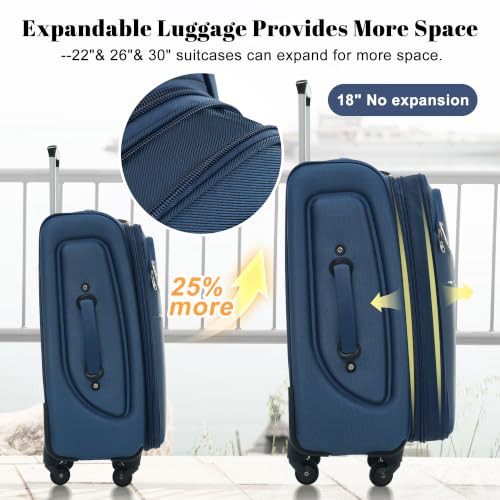 4 Piece Expandable Luggage Set (Softside Luggage(22/26/30) / Deep Blue+18IN)