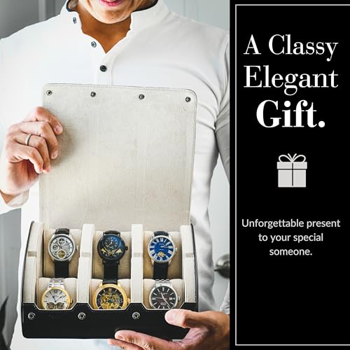 Watch Travel Case for Men Watch Roll for Travel Organizer and Display Watch Case (6-Slots / Black/White)