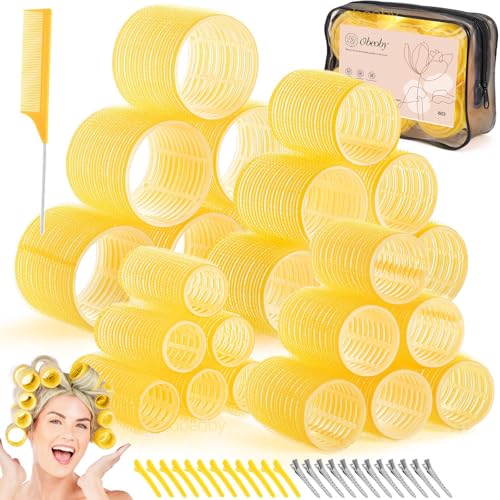 4 Sizes Hair Rollers Curlers Set with Clips for Women Girls (Yellow)