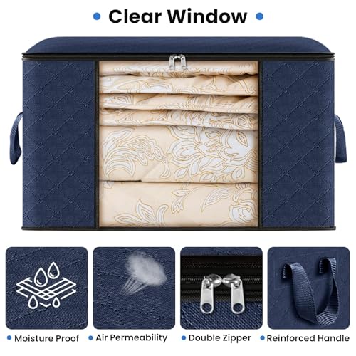 3 Pack Storage Bags for Clothes Blanket Storage Bins with Lids (3 Pack-60l / Blue)