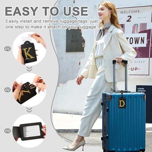 Personalized Initial Luggage Tags for Suitcase TSA Approved (Black Leather,glod Letter / D)