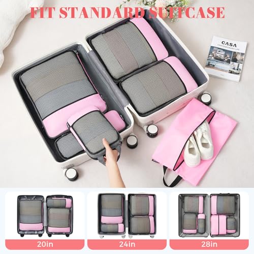 4 Set/6 Set/8 Set Compression Packing Cubes Travel Accessories Expandable Packing Organizers (Half Mesh, 6-Pink) (6-Pink / Half Mesh)
