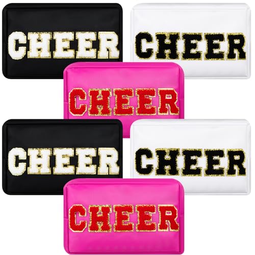 6 Pcs Cheer Makeup Bag Chenille Cosmetic Bag with Letter Patches (Bright Colors / Cheer)