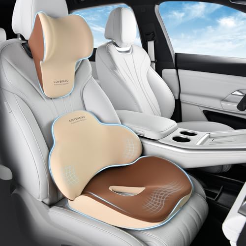 Car Seat Cushion and Lumbar Support with Headrest Pillow Memory Foam Ergonomic Back Support Driving Seat Cushion Neck Head Pillow (Beige / 3 Pieces)