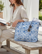 100% Cotton Quilted Tote Bag For Women (Filigree Summer Blue Block Print)