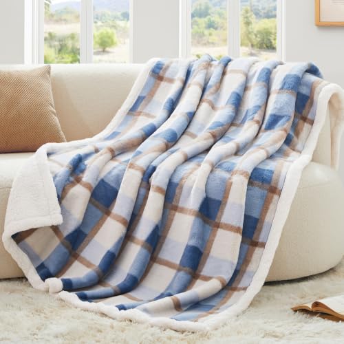 Super Soft Faux Rabbit Fur Sherpa Fleece Throw Blanket (Blue-plaid / 80"*90")