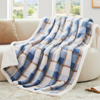 Super Soft Faux Rabbit Fur Sherpa Fleece Throw Blanket (Blue-plaid / 80"*90")