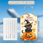 Halloween 2 Pack Luggage Tags for Suitcases Cute Black Cat on Pumpkin Leather Luggage Tags Privacy Cover ID Label with Stainless Steel Loop and Address Card for Women Men Travel Bag Backpack (Cute Black Cat on Pumpkin)