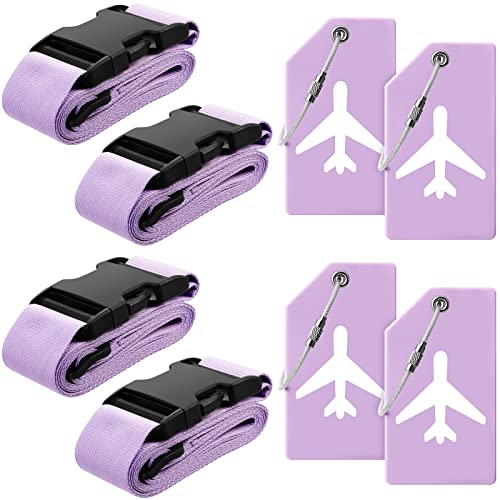 8 Pcs Luggage Straps Suitcase Tags Set for TSA Approved (Light Purple / Airplane)