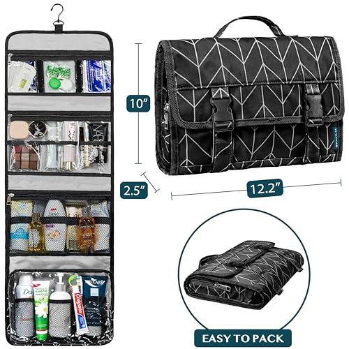 Travel Hanging Toiletry Bag for Women Men (Black Chevron / Large)