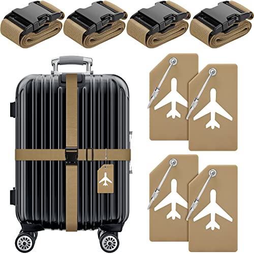 8 Pcs Luggage Straps Suitcase Tags Set for TSA Approved (Khaki / Airplane)