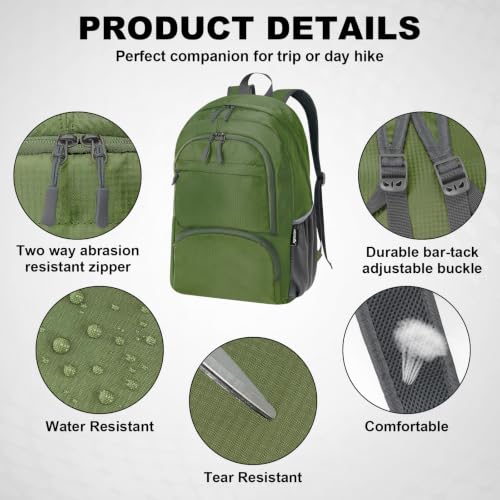 20L lightweight packable Hiking Daypack Foldable Backpack for Men Women Small Travel Outdoor Foldable Shoulder Bag (Army Green)