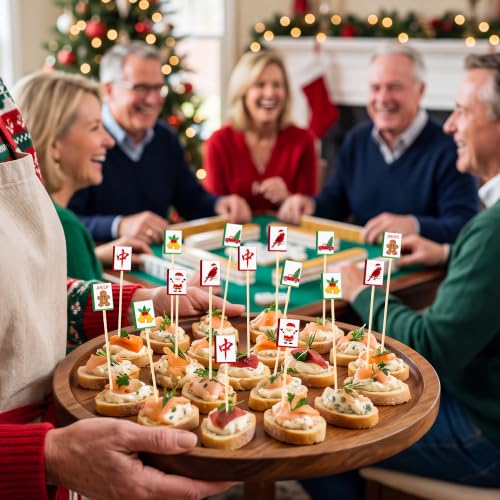 100 Pieces Christmas Mahjong Cocktail Picks Decorative Bamboo Cocktail Skewers 5.3 Inch Wooden Fruit Toothpicks for Christmas Game Night Appetizers Bar Drink Fruit Party Supplies (Christmas Mahjong)