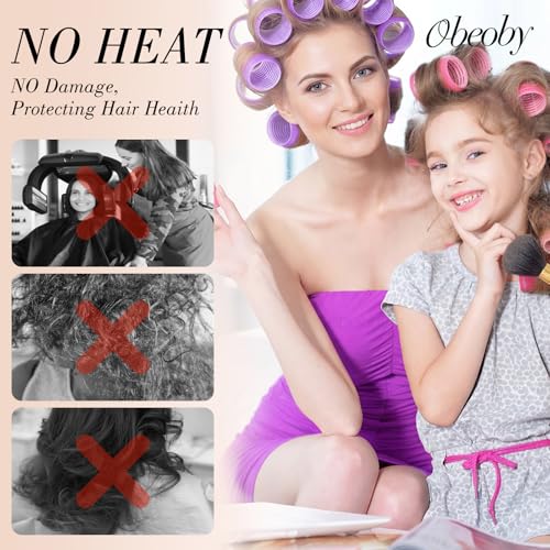 4 Sizes Hair Rollers Curler Set with Clips for Women (Pink and Purple)