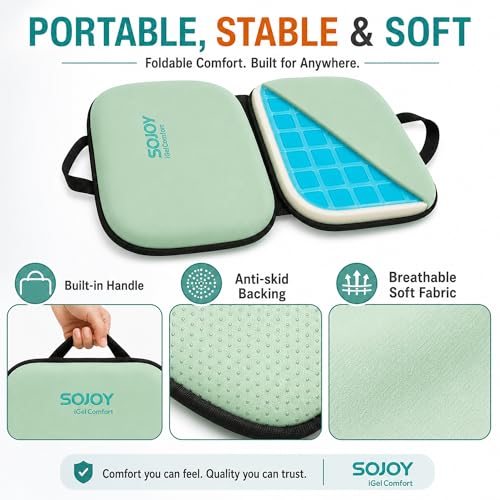3-in-1 Foldable Gel Seat Cushion with Memory Foam Ergonomic Portable Cushion for Back Pain & Tailbone Relief - Perfect for Office Chair, Airplane Travel & Stadium Seats (18.5" x 15" x 2" Green) (Green)