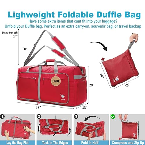 Travel Duffle Bag for Women & Men. Extra Large Foldable Duffel Bags (140L / Red)