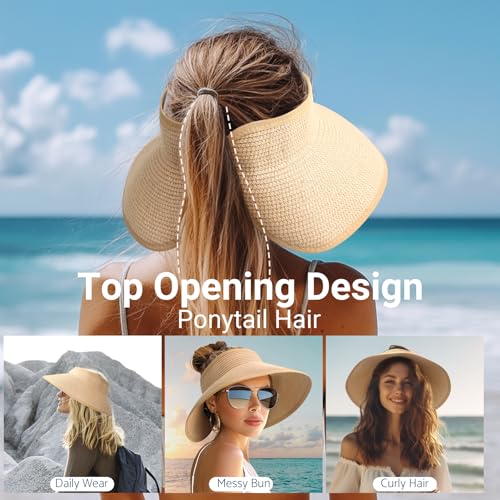 Sun Visor Hats for Women Wide Brim Straw Packable Beach Hat Black (Black)
