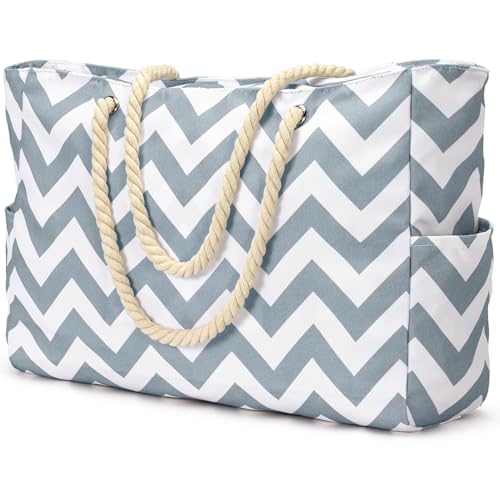 Beach Bags for Women Large Waterproof Beach Tote Bag Zipper Beach Bags Waterproof Sandproof Swim Pool Bag Large Tote (Light Gray Wave)
