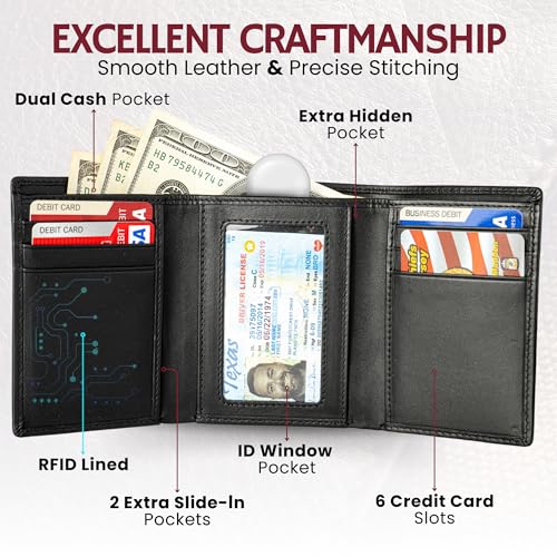 RFID Leather Trifold Wallets for Men ID Window (Rich Black)