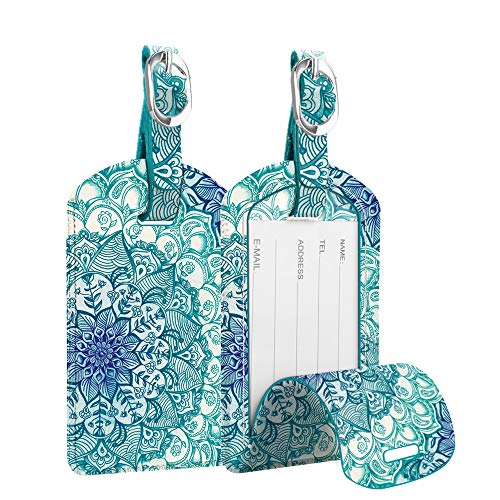 2 Pack Luggage Tags Leather Name ID Labels with Privacy Cover (Emerald Illusions)