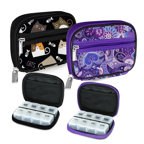 Weekly Travel Pill Organizer Cute Pill Case with 7 Day Pill Box (2 Cases + 2 Boxes / C. Black 03 + Purple 01)