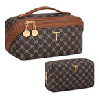 Initial Makeup Bag Personalized Gift for Women Teen Girls (Coffee / T)