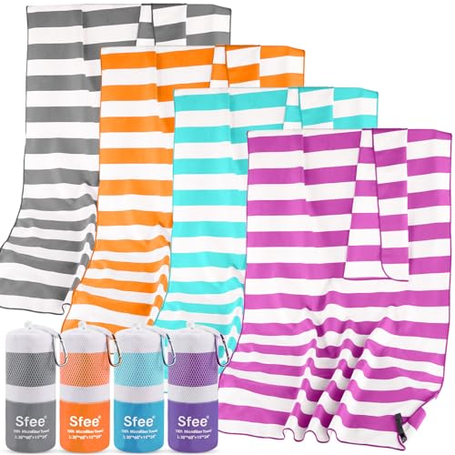 2 in 1 Microfiber Beach Towel (L 60"x30"+24"x15" / Purple Stripe)