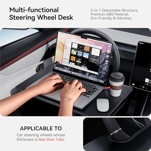 2-in-1 Car Steering Wheel Desk Tray & Car Seat Gap Filler Organizer – Foldable Carbon Fiber Look Table for Laptop, Eating, Writing – for Standard Round Steering Wheels (Orange)