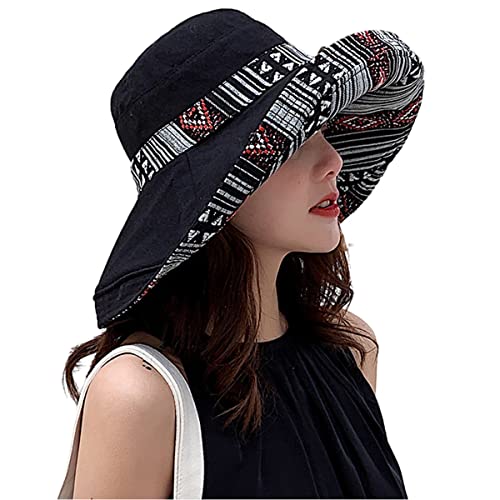 Women Summer Wide Brim Sun Hat Bucket Fishing Hats UV Protection (Medium / Qf001-black)