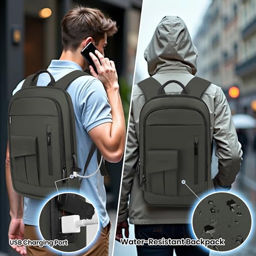Business Backpack for Men Slim Lightweight Laptop Backpack for 17.3 Inch Computer Water Resistant Small Office Backpack for Commute Travel Daily Office Work with Small Bag (17.3" / With Pocket / Green)