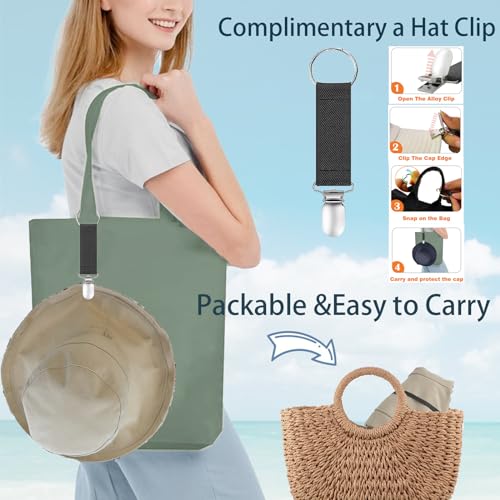 Womens Sun Hats Wide Brim Reversible Bucket Cotton Hat Packable Summer Travel Cap with Hat Clip (Medium / Beige)