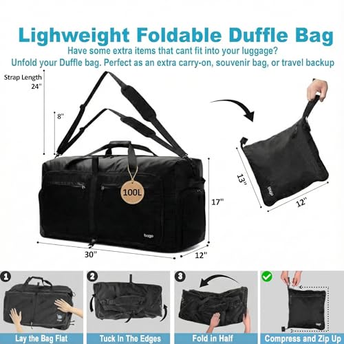 Travel Duffle Bag for Women & Men. Large Duffel Bag for Traveling Camp (100L / All Black)