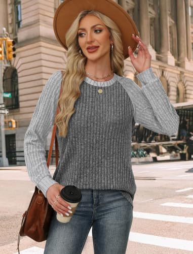 Womens Tops Long Sleeve Shirts Sweaters for Women Fall Teacher Outfits (Large / Grey White)