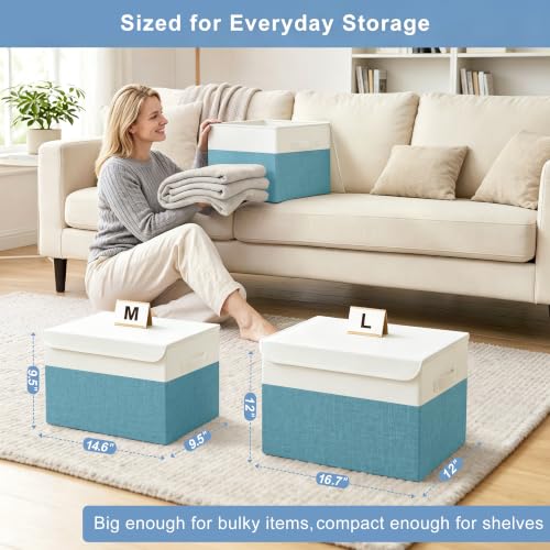 Large 17" 42 Quarts Collapsible Stackable Storage Bins with Lids [3 (Teal & White / Large - 3 Pack)