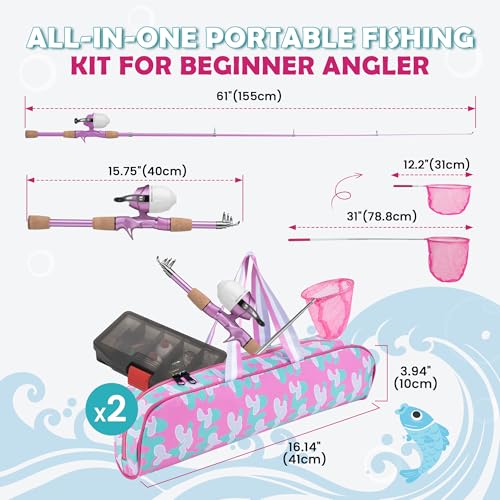 Kids Fishing Pole 2 Pack (Mint Blue+Metallic Pink)