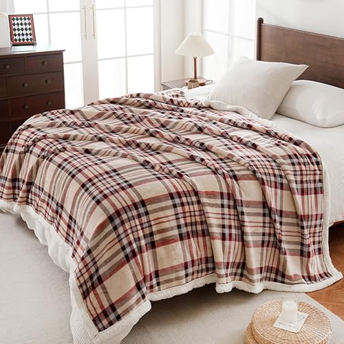 Sherpa Fleece Throw Blanket 80" x 90" Reversible Plush Fluffy Large Big Blanket Lattice Flannel Blankets for All Season Use (Beige Stripe / 80"*90")