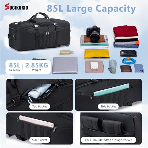 Tactical Travel Duffle Bag with Wheels and Handle 3 in 1 Large 85L XL Rolling Travelling Backpack Waterproof Oxford Carry On Hand Luggage Deployment Bags with Combination Padlock (Black)