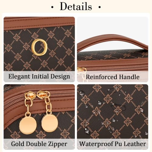 Initial Makeup Bag Personalized Gift for Women Teen Girls (Coffee / O)