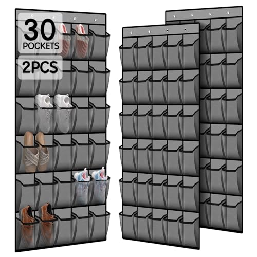 Over the Door Shoe Organizer with 30 Breathable Mesh Pockets (2PC-Gray)