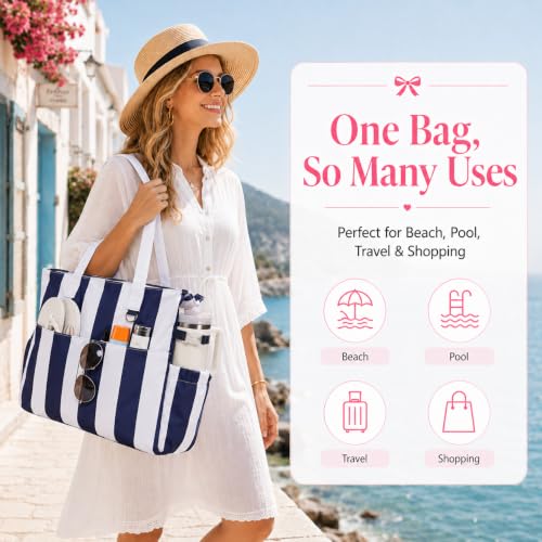 Beach Bag Waterproof Sandproof Women Beach Tote Pool Bag with Zipper for Gym Grocery Travel with Wet Pocket (Light Navy Blue)