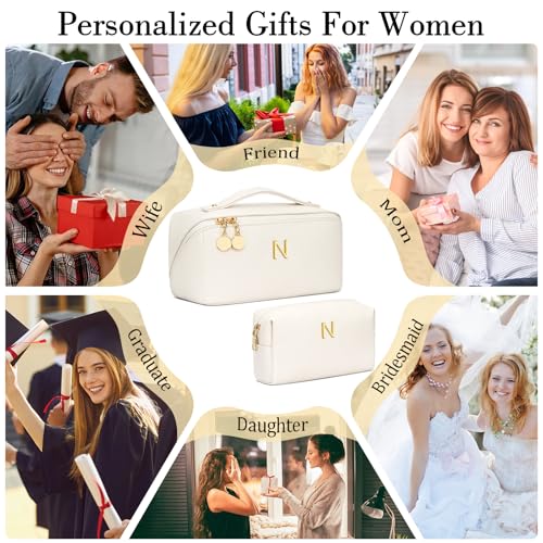 Initial Makeup Bag Personalized Gift for Women Teen Girls (Beige / N)
