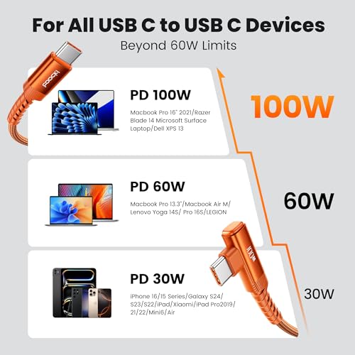 100W Right Angle Fast Charging USB C Cable (10+10FT / Orange)