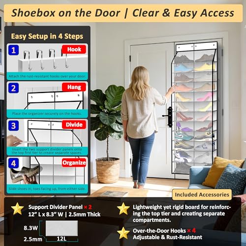 24 Pair Over Door Shoe Organizer for Family & Kids (12-Tier / 24 Pearl White)