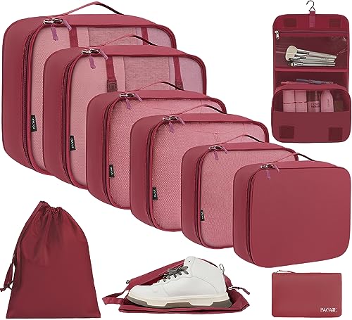 10 Set Packing Cubes Various Sizes Packing Organizer for Travel Accessories Luggage Carry On Suitcase (10-Burgundy / 10 Set-full Mesh)