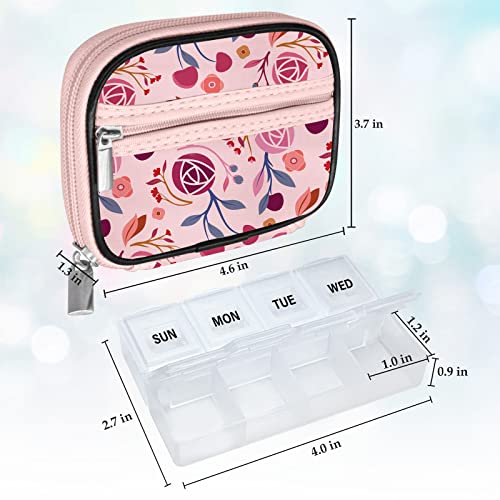 Weekly Travel Pill Organizer Cute Pill Case with 7 Day Pill Box (1 Case + 1 Box / A. Pink 01.)