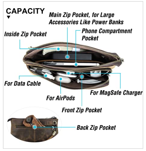 Electronic Organizer Zipper Bag Tech Kit (Vintage Dark Brown -【Fits Apple Accessories】- 2 / Electronic Storage Case - Sturdy Handmade)